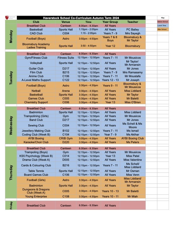 Co Curriculum Timetable Autumn 2024