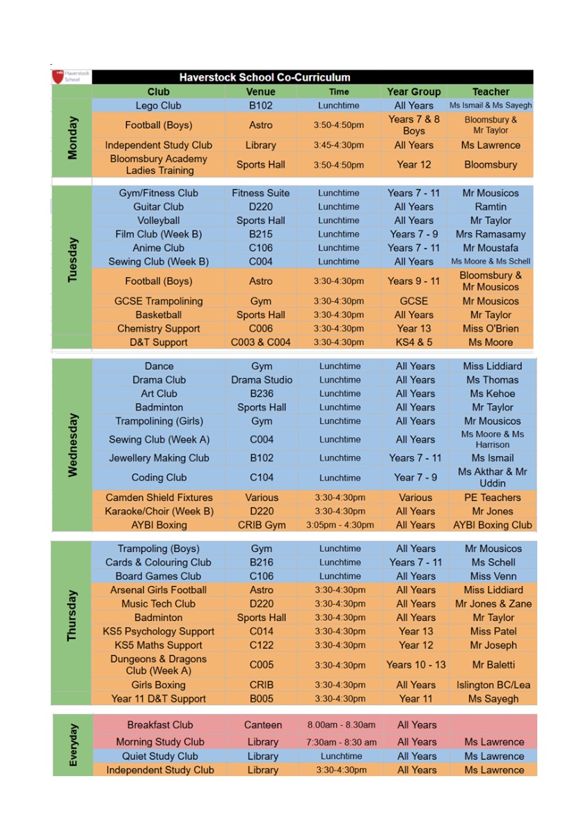 Co-curricular timetable Spr 2025