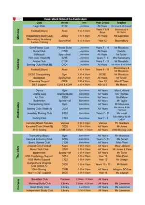 Co curricular timetable Spr 2025