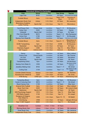 Co curricular timetable Spr 2025