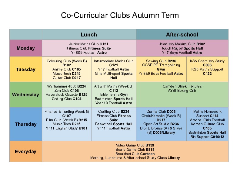 Co-Curriculum timetable for Autumn 2025